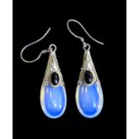 A Fine Vintage Pair of Silver Set Moonstone - Tear Drop Earrings. Marked 925. Each 1.25 Inches High.