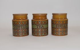 Hornsea Set of Lidded Treacle Glazed Ceramic Storage Jars for Coffee, Tea and Sugar ' Brontee '