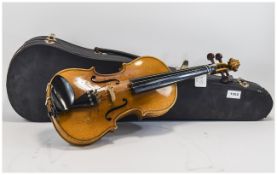 Cased Violin with Bow Housed in original case with blue velvet lining, light wood, Chinese made.
