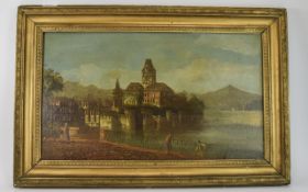Framed Oil On Canvas Continental Lake and Palais. Framed landscape 22 x 13 inches approx.