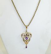 Victorian - Nice Quality 9ct Gold Set Amethyst and Seed Pearl Pendant Drop,