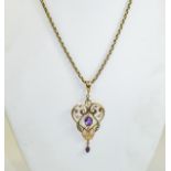 Victorian - Nice Quality 9ct Gold Set Amethyst and Seed Pearl Pendant Drop,