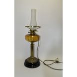 Antique - Impressive Brass and Heavy Column and Glass Oil Lamp,