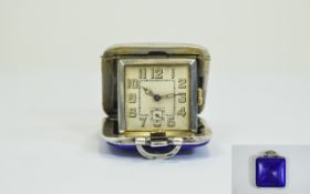 Art Deco - English Fine Quality Silver and Enamel Push Button Travellers Pendant Watch,