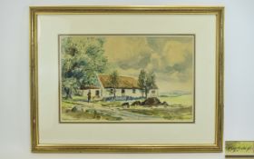 Watercolour Painting by Rowland Hill. Rural Scene showing cottages at Parkmore County Antrim. Signed