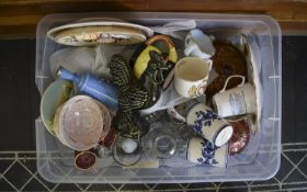 Box Of Assorted Ceramics And Glassware Including plates, figures, jugs and cups, trinkets etc.