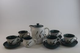 Greenwheat Denby Coffee and Cream Jug Set. With feather detail, includes 6 cups and saucers