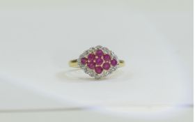 9 Carat Gold Diamond Cluster Ring Set with 9 round cut rubies,