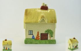 Clarice Cliff Style - Hand Painted Lidded Preserve Pot In The Form of a Thatched Cottage. Reg No