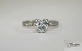 9 Carat White Gold Diamond Heart Shaped Solitaire Ring 5 small diamonds to shoulders,