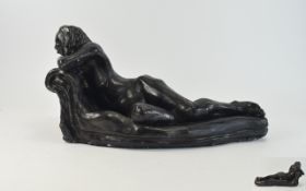 Reclining Nude Figure, Contemporary Design In Plaster with Black Paint Finish. Approx 15.
