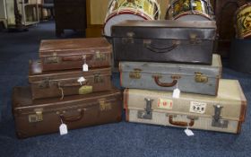 A Collection of 1940's / 1950's Leather Suitcases ( 5 ) Suitcases In Total, Various Sizes.