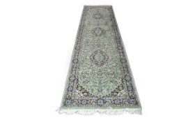 Large Wool Hallway Runner. Mint green ground with navy, taupe, cream and blue border.