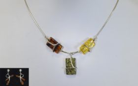 Silver Designer Pendant & Earrings - Handmade silver jewellery set with coloured amber,