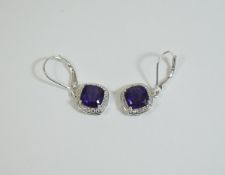 Amethyst Drop Earrings, cushion cut soli