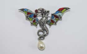 Silver Enamel Dragon Brooch Unusual whip