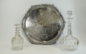 Two Cut Glass Decanters and a Silver Cha