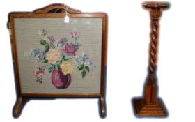 Antique Oak Cased Fire Screen with Flora