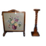 Antique Oak Cased Fire Screen with Flora