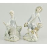 Lladro figure of seated girl, with a dove, together with a similar of a seated girl and dog, 19cm,