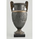 French bronzed spelter amphora shape vase, in the antique style, black marble plinth, 36cm.