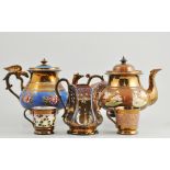 Staffordshire copper lustre teapot, moulded decoration with figurative scenes,