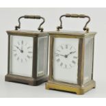 French brass carriage clock, white enamel dial and a similar carriage clock, (2).