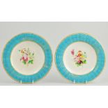 Victorian china part dessert service, hand painted central floral decoration to a turquoise border,