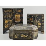 Collection of desk top boxes, caddies, lacquered chests etc, (1 box).