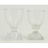 Two Georgian glass salts, balloon moulded, square bases, 8cm and 9cm, (2).