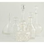 Cut glass mallet shaped decanter, and five other cut glass decanters, (6).