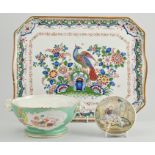 Booths "Old Dutch" pattern cabaret tray, prattware pot lid and base with a game bag,