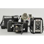Nomo camera, "Kodak Dualflex 2" box camera, a Kershaw eight-twenty Penguin and another.