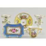 Dresden twin handled chocolate cup and saucer, decorated with figural and floral panels,