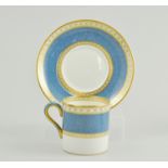 Set of six Wedgwood bone china coffee cans and saucers, blue band decoration.