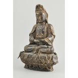 Gilt bronze Chinese seated Buddha, on a single lotus throne, 36cm.