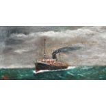 J Kelly, a pair, oils on oak panels, Passenger Ship and Sailing Ships in Choppy Seas,