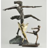 Art Deco style bronze figure of a female warrior, and two smaller similar figures, (3).