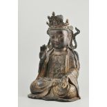 Gilt decorated bronze figure of a seated crowned Buddha, height 42cm.