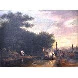 Victorian School, oil on board, river landscape with figures in a barge and on the riverbank,