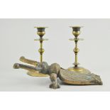 Pair of brass candlesticks, a "Beetle" boot jack, mirror, etc, (1 box).