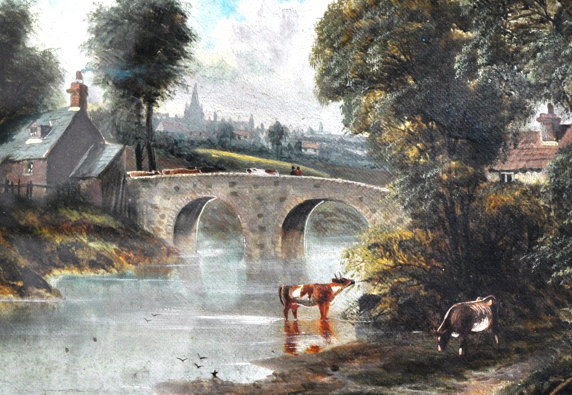 Edward Priestly, (1820-1880), landscape scene, Cattle Grazing with River and Bridge Beyond,