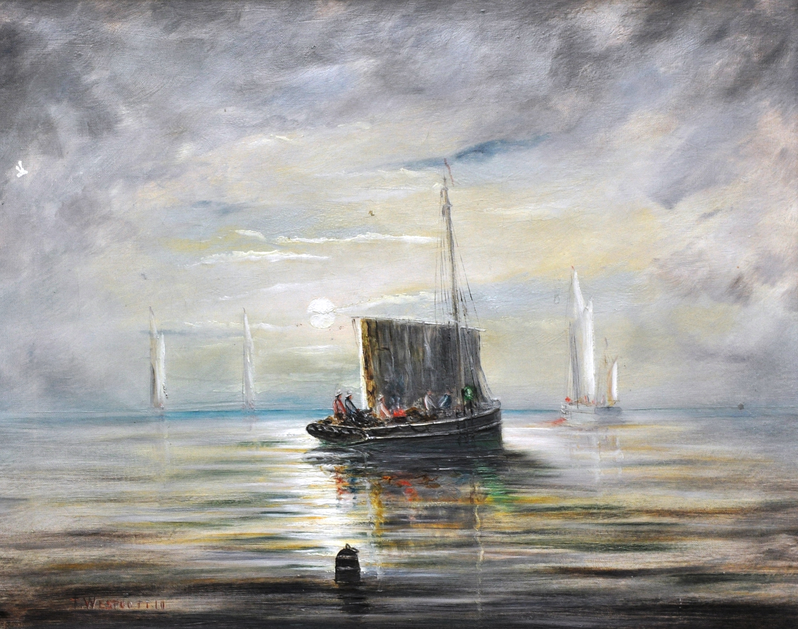 T Westcott, oil on canvas, Becalmed Sailing Vessels, signed and dated, 39cm x 50cm.