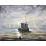 T Westcott, oil on canvas, Becalmed Sailing Vessels, signed and dated, 39cm x 50cm.