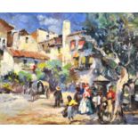 Sanchez, oil on canvas, A Spanish Urban Village Market Place with Figures at the Well, signed,