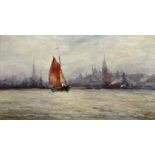 Fred Mee, oil on canvas, Continental Harbour scene, signed, 20cm x 34cm.