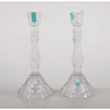 Pair of Tiffany crystal candlesticks, hexagonal shape, 54cm, boxed.