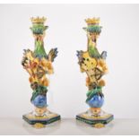 A pair of Italian Maiolica armorial candlesticks, Cantagalli 20th Century,