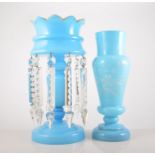 Victorian sky blue tinted lustre vase, with prismatic drops, 34cm,