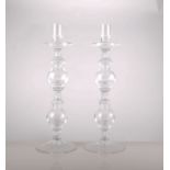 Pair of crystal table candlesticks, hollow knopped stems, 38cm.